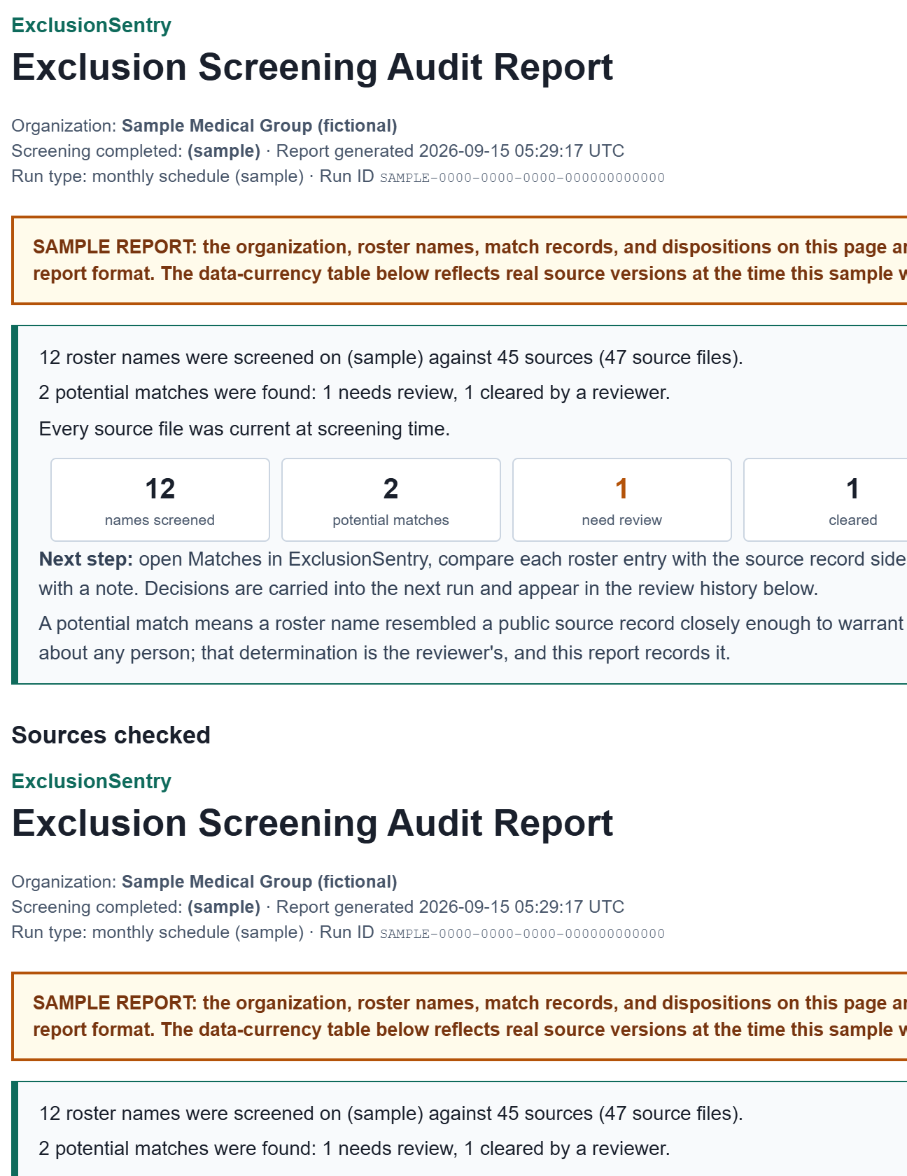 First page of the sample audit report: summary box, sources checked table